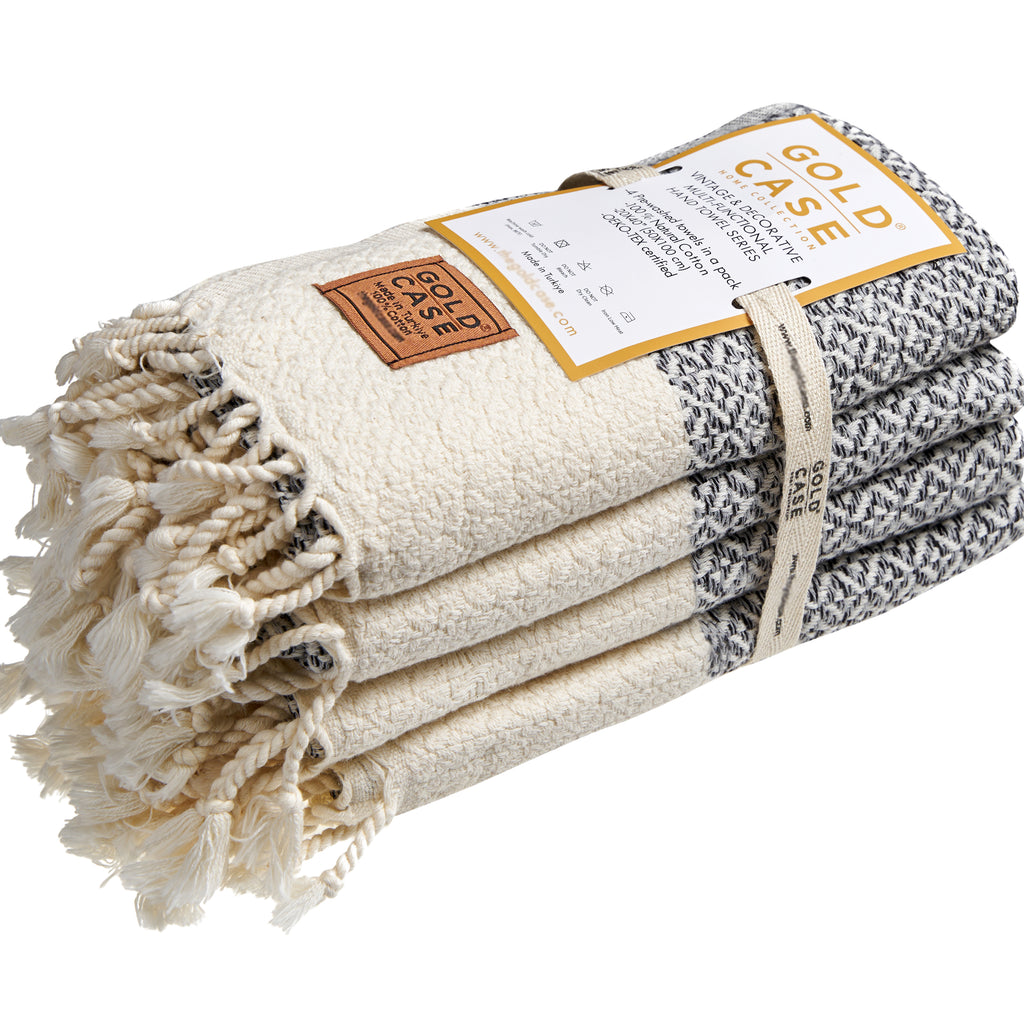 Gold CASE Turkish Hand Towels for Bathroom Set of 4 – 20 x 40'' – 100% Cotton Bathroom Towels – Aphrodite Kitchen Small Towel for Spa, Face, Tea & Dishcloth – Decorative Patterned Weave – Grey