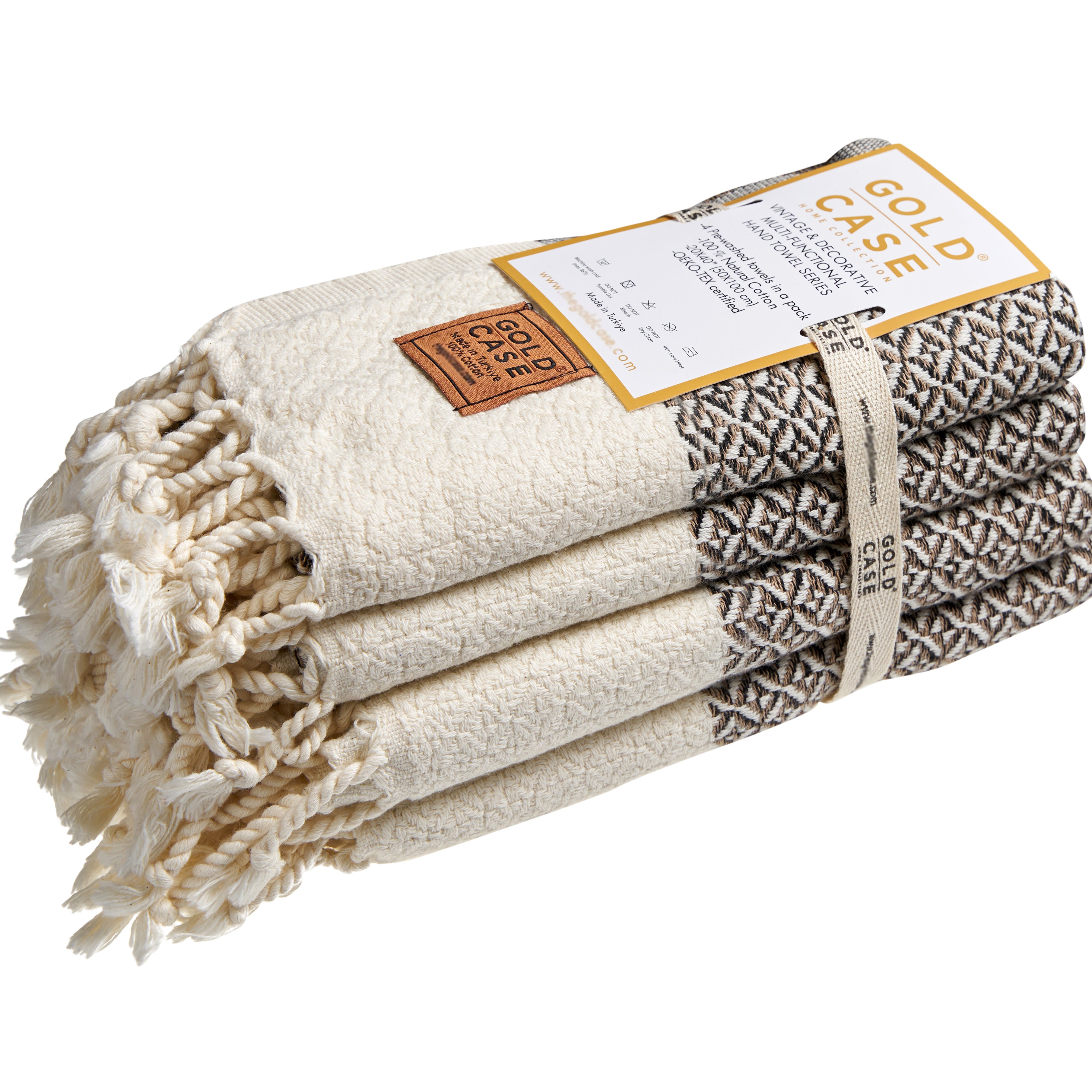 Gold CASE Turkish Hand Towels for Bathroom Set of 4 – 20 x 40'' – 100% Cotton Bathroom Towels – Aphrodite Kitchen Small Towel for Spa, Face, Tea & Dishcloth – Decorative Patterned Weave – Beige