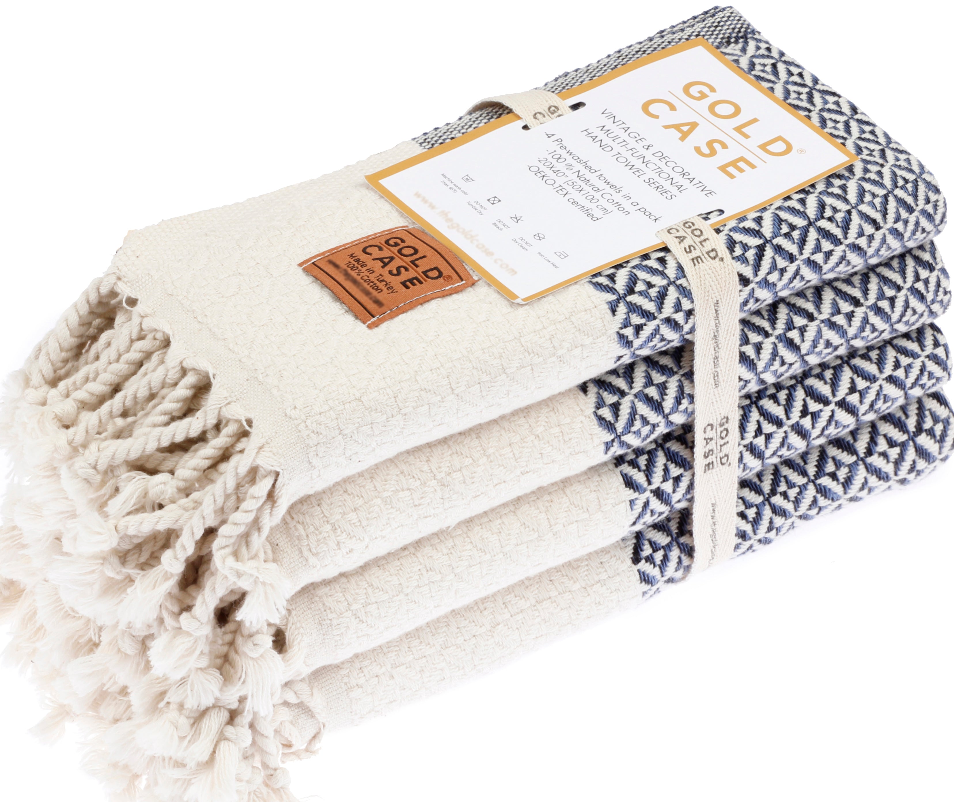 Gold CASE Turkish Hand Towels for Bathroom Set of 4 – 20 x 40'' – 100% Cotton Bathroom Towels – Aphrodite Kitchen Small Towel for Spa, Face, Tea & Dishcloth – Decorative Patterned Weave – Navy Blue