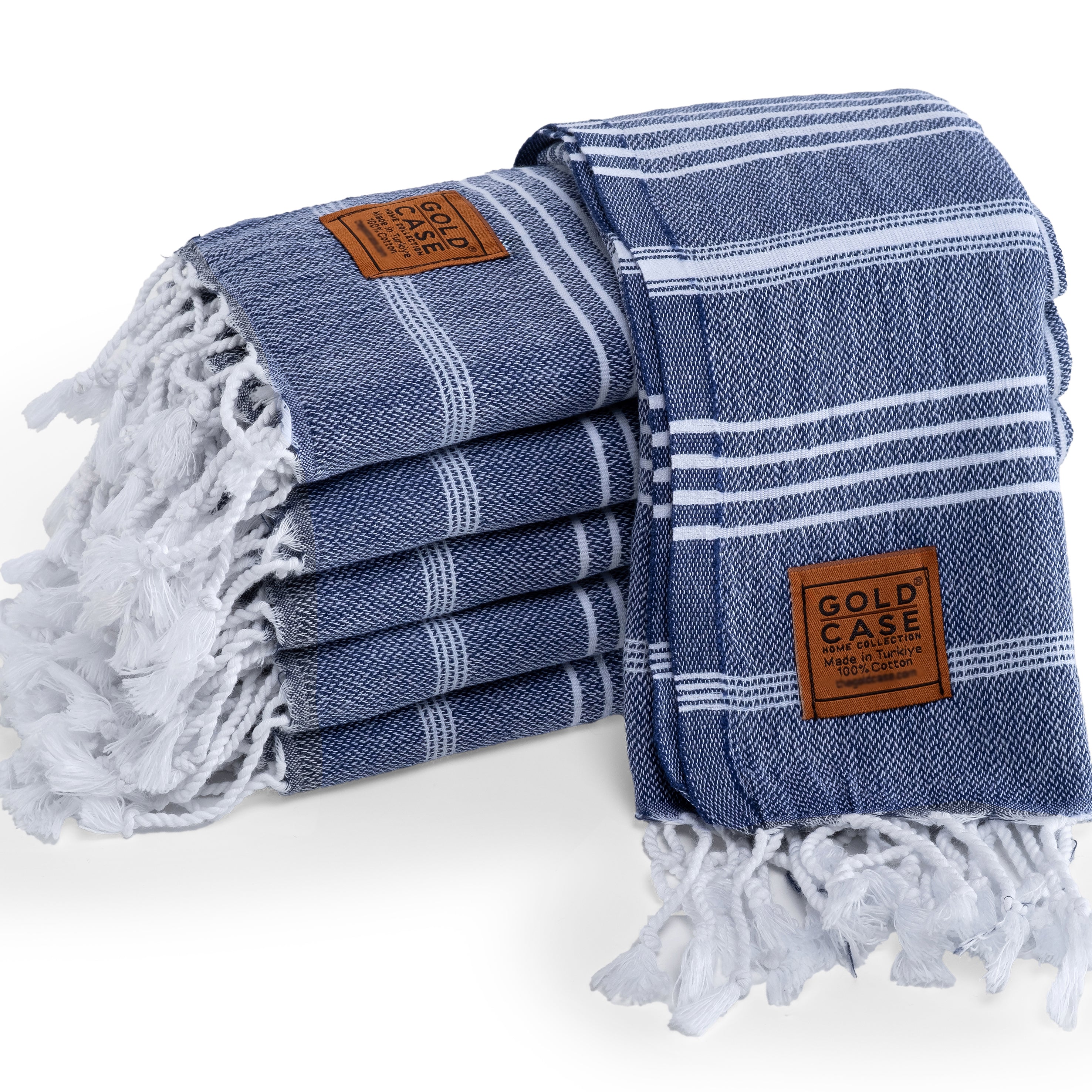 Gold CASE LYCIA Turkish Beach Towel Set of 6 – 100% Cotton Turkish Beach Towels Bulk 70 x 38'' – LYCIA Oversized, Quick Dry & Sand Free Beach Towel – Lightweight Towels Set in Navy Blue