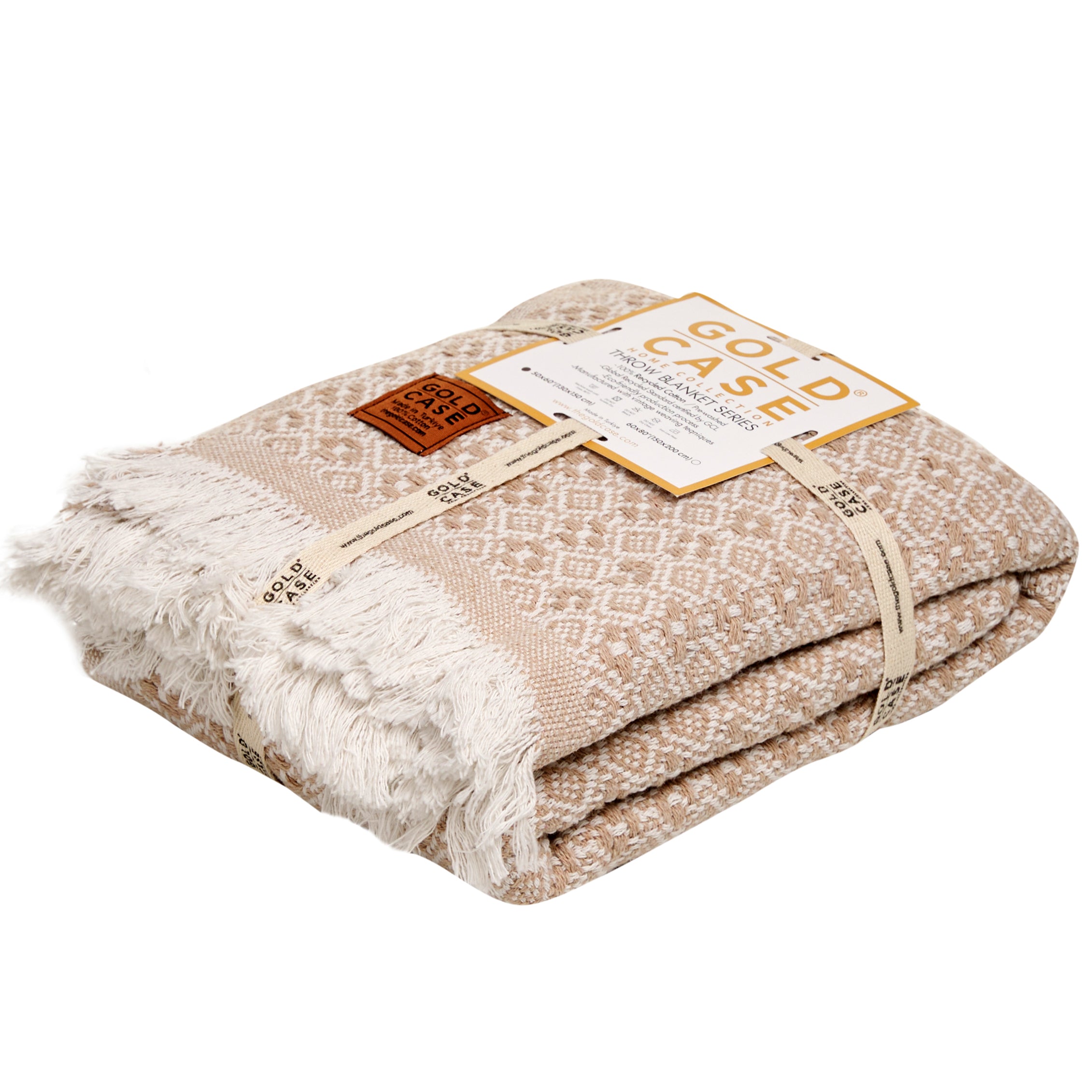 Gold Case Throw Blanket for Couch - 100% Recycled Turkish Cotton Blankets & Throws - Retro Soft Throw Blankets for Living Room - Boho Decorative Woven Couch Blanket - 50x60 - Beige