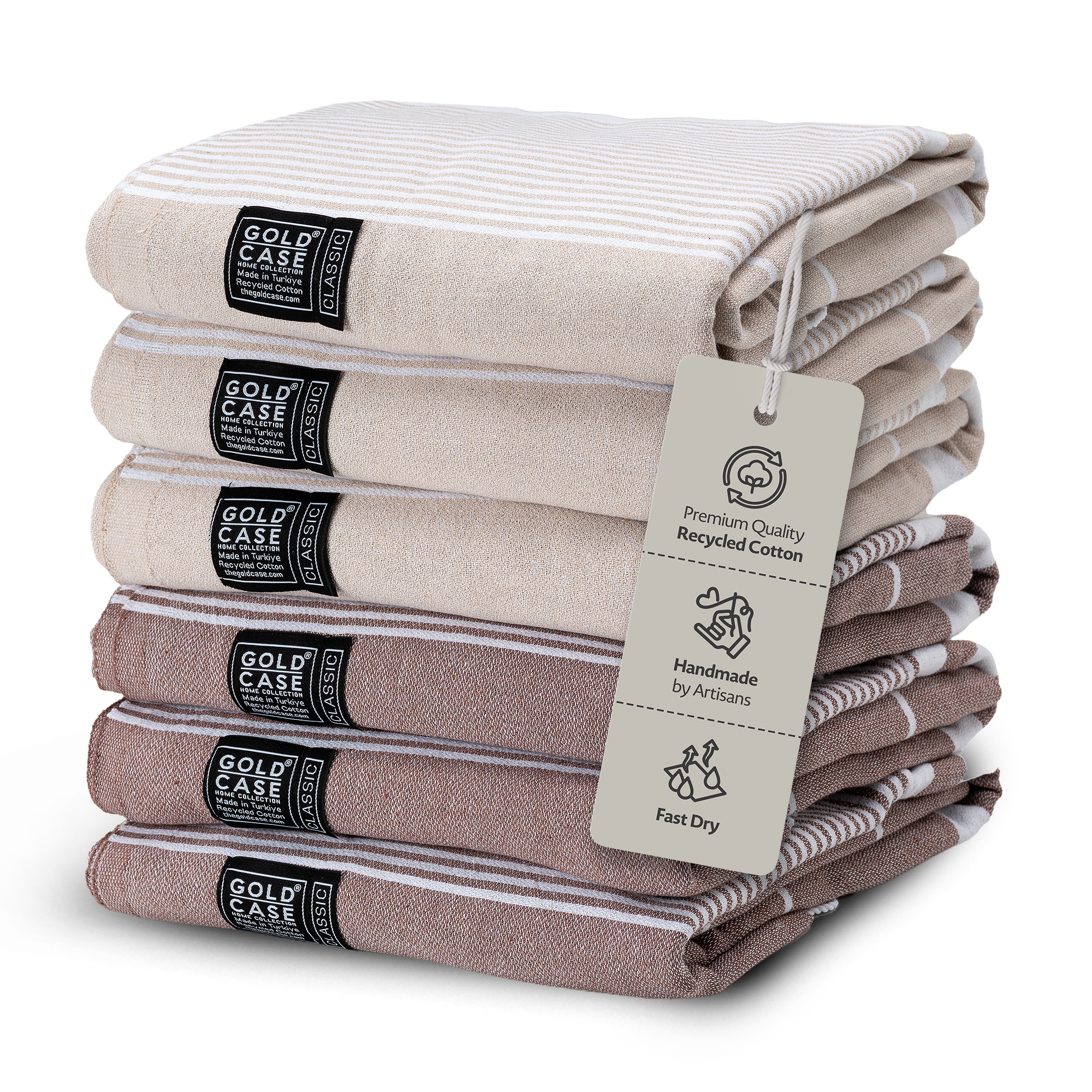 Gold Case Hera Turkish Beach Towels Set of 6-67x37 Inch Oversized Sand Free Quick Dry Pool Towels Made in Türkiye - Beige & Brown
