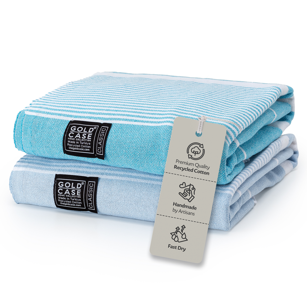 Gold Case Hera Turkish Beach Towels Set of 6-67x37 Inch Oversized Sand Free Quick Dry Pool Towels Made in Türkiye - Blue Tones