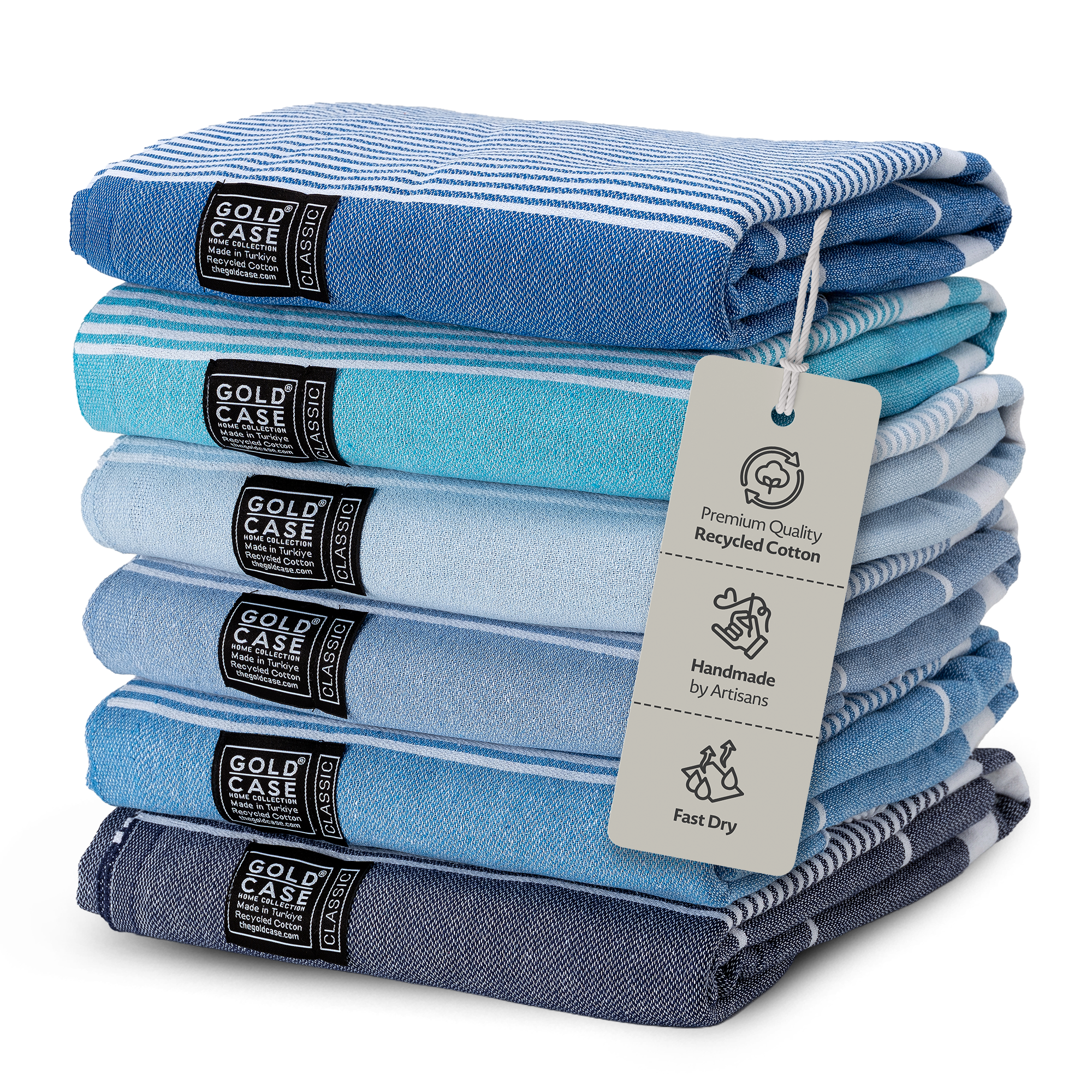Gold Case Hera Turkish Beach Towels Set of 6-67x37 Inch Oversized Sand Free Quick Dry Pool Towels Made in Türkiye - Blue Tones