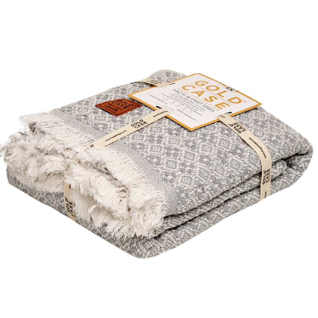 Gold Case Throw Blanket for Couch - 100% Recycled Turkish Cotton Blankets & Throws - Retro Soft Throw Blankets for Living Room - Boho Decorative Woven Couch Blanket - 50x60 - Grey