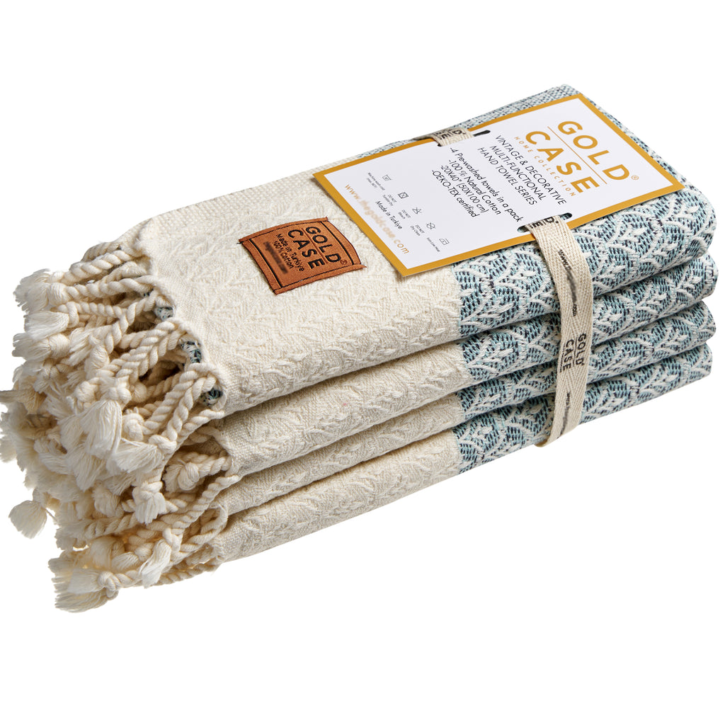 Gold CASE Turkish Hand Towels for Bathroom Set of 4 – 100% Cotton Bathroom Towels – Helen Kitchen Small Towel for Spa, Face, Tea & Dishcloth – Decorative Patterned Weave – Aqua