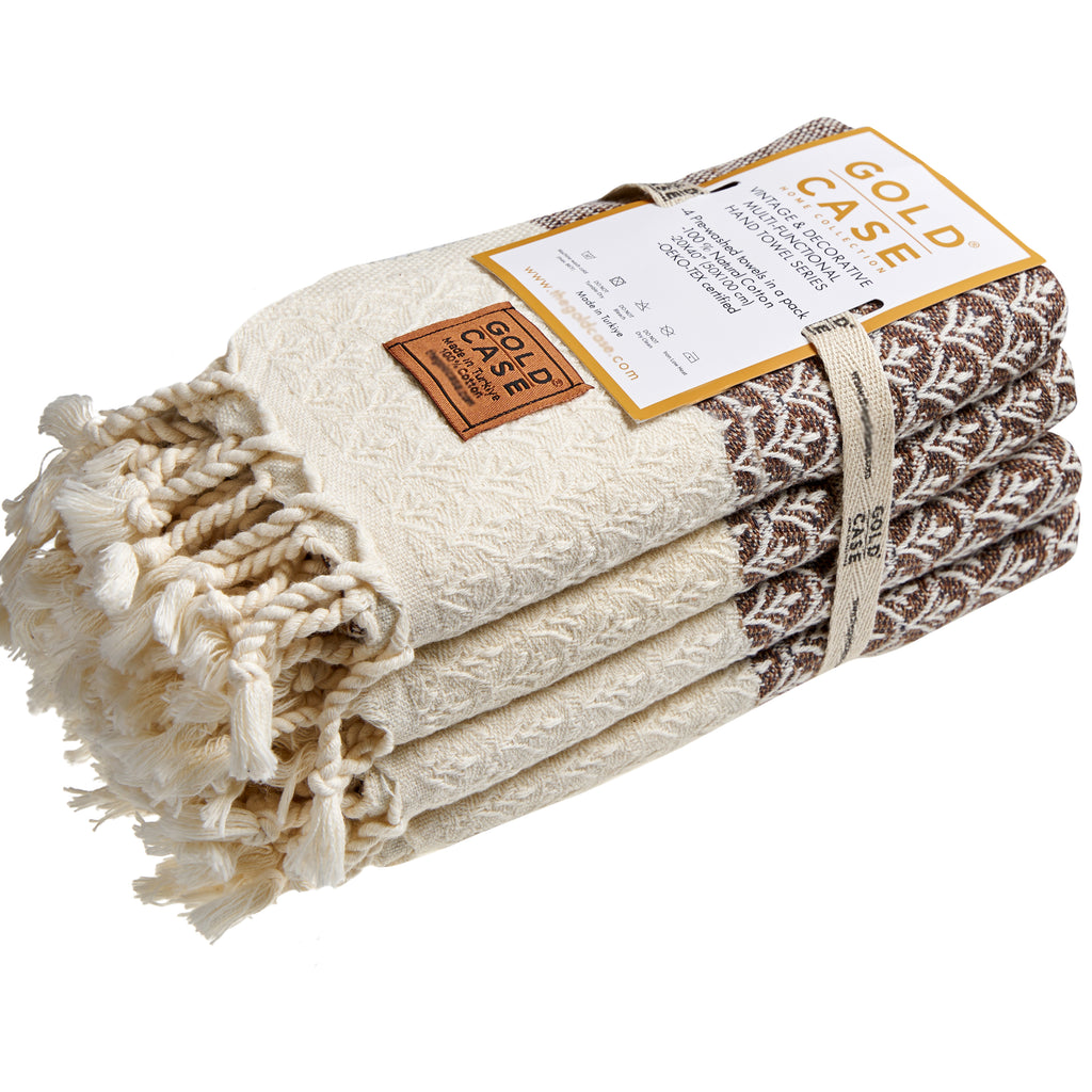 Gold CASE Turkish Hand Towels for Bathroom Set of 4 – 100% Cotton Bathroom Towels – Helen Kitchen Small Towel for Spa, Face, Tea & Dishcloth – Decorative Patterned Weave – Brown