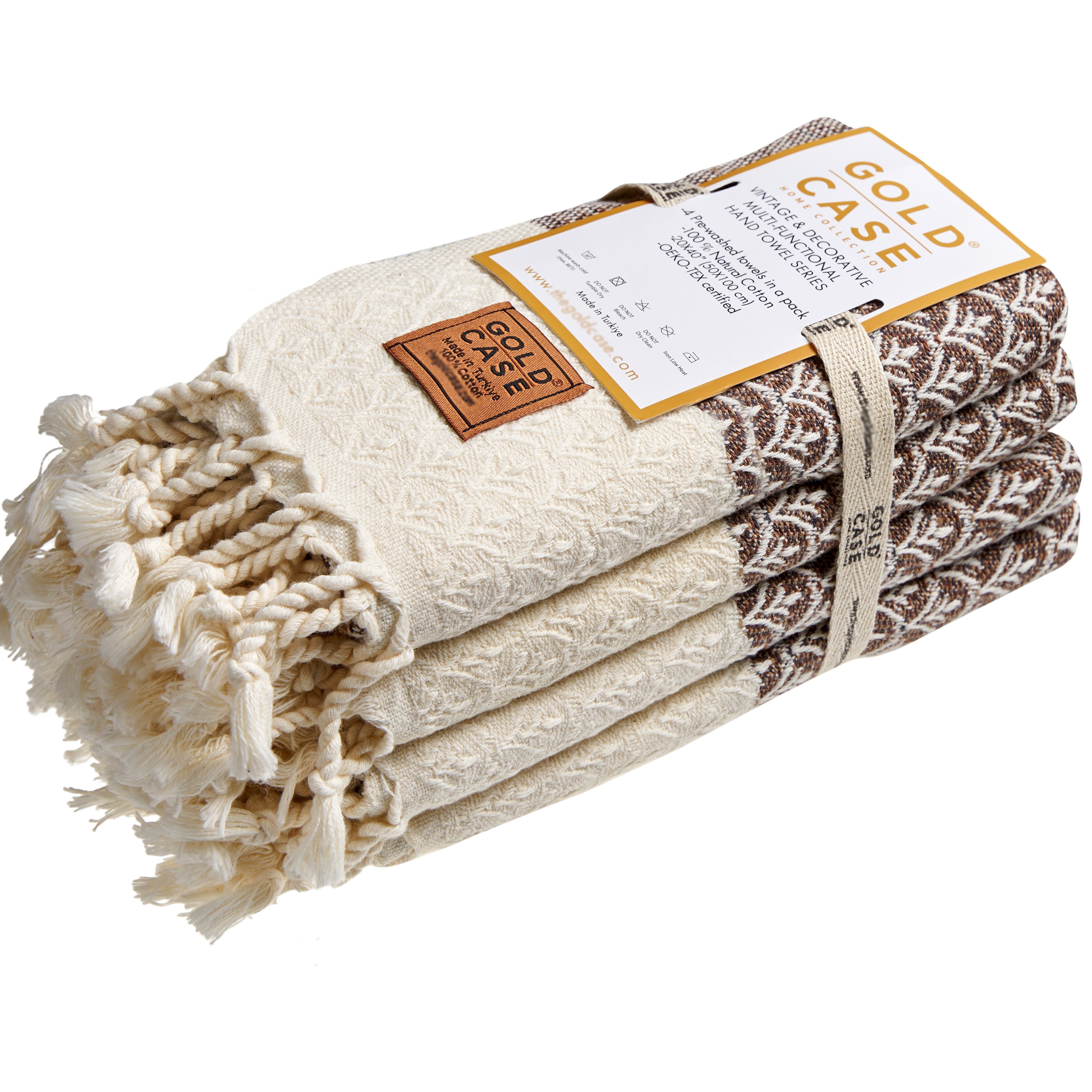Gold CASE Turkish Hand Towels for Bathroom Set of 4 – 100% Cotton Bathroom Towels – Helen Kitchen Small Towel for Spa, Face, Tea & Dishcloth – Decorative Patterned Weave – Brown
