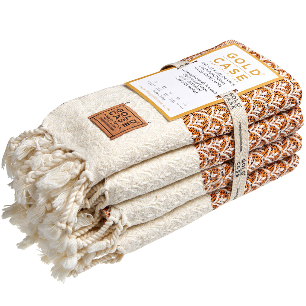 Gold CASE Turkish Hand Towels for Bathroom Set of 4 – 100% Cotton Bathroom Towels – Helen Kitchen Small Towel for Spa, Face, Tea & Dishcloth – Decorative Patterned Weave – Orange