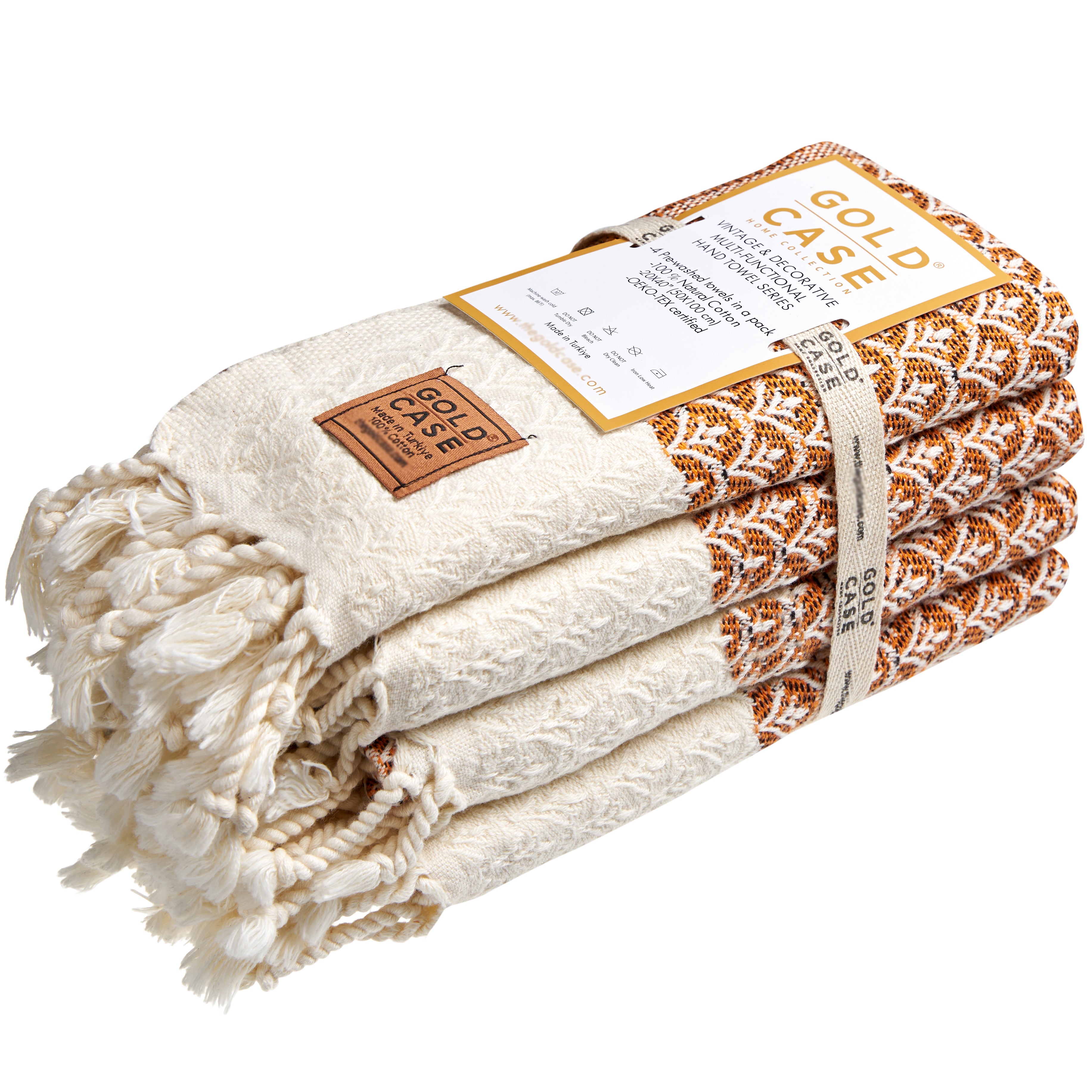 Gold CASE Turkish Hand Towels for Bathroom Set of 4 – 100% Cotton Bathroom Towels – Helen Kitchen Small Towel for Spa, Face, Tea & Dishcloth – Decorative Patterned Weave – Orange