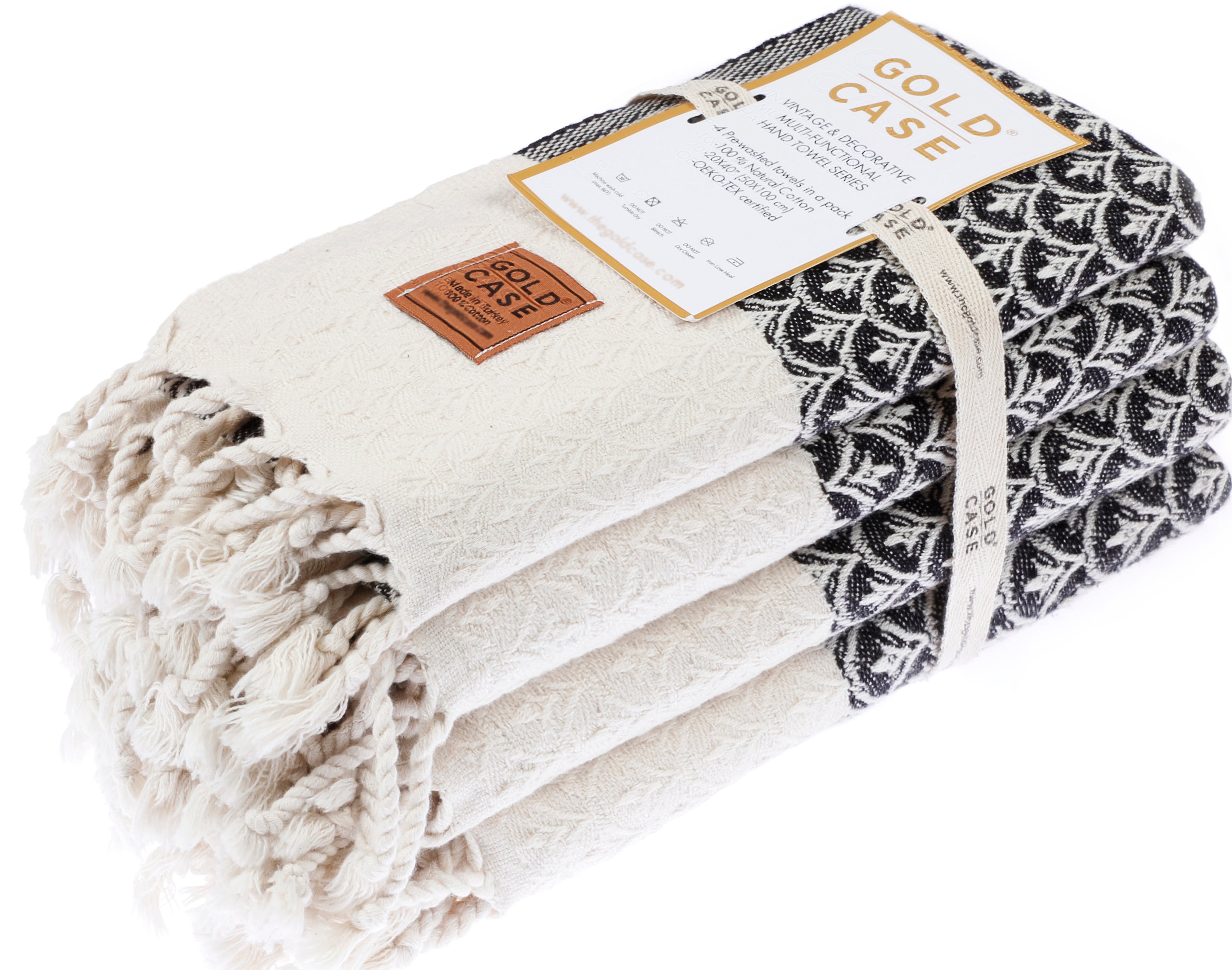 Gold CASE Turkish Hand Towels for Bathroom Set of 4 – 100% Cotton Bathroom Towels – Helen Kitchen Small Towel for Spa, Face, Tea & Dishcloth – Decorative Patterned Weave – Black
