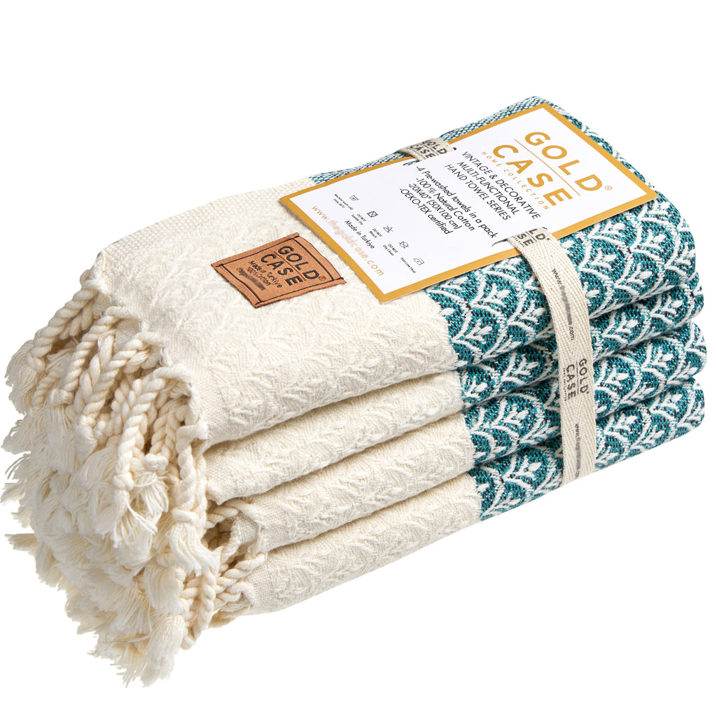 Gold CASE Turkish Hand Towels for Bathroom Set of 4 – 100% Cotton Bathroom Towels – Helen Kitchen Small Towel for Spa, Face, Tea & Dishcloth – Decorative Patterned Weave – Teal