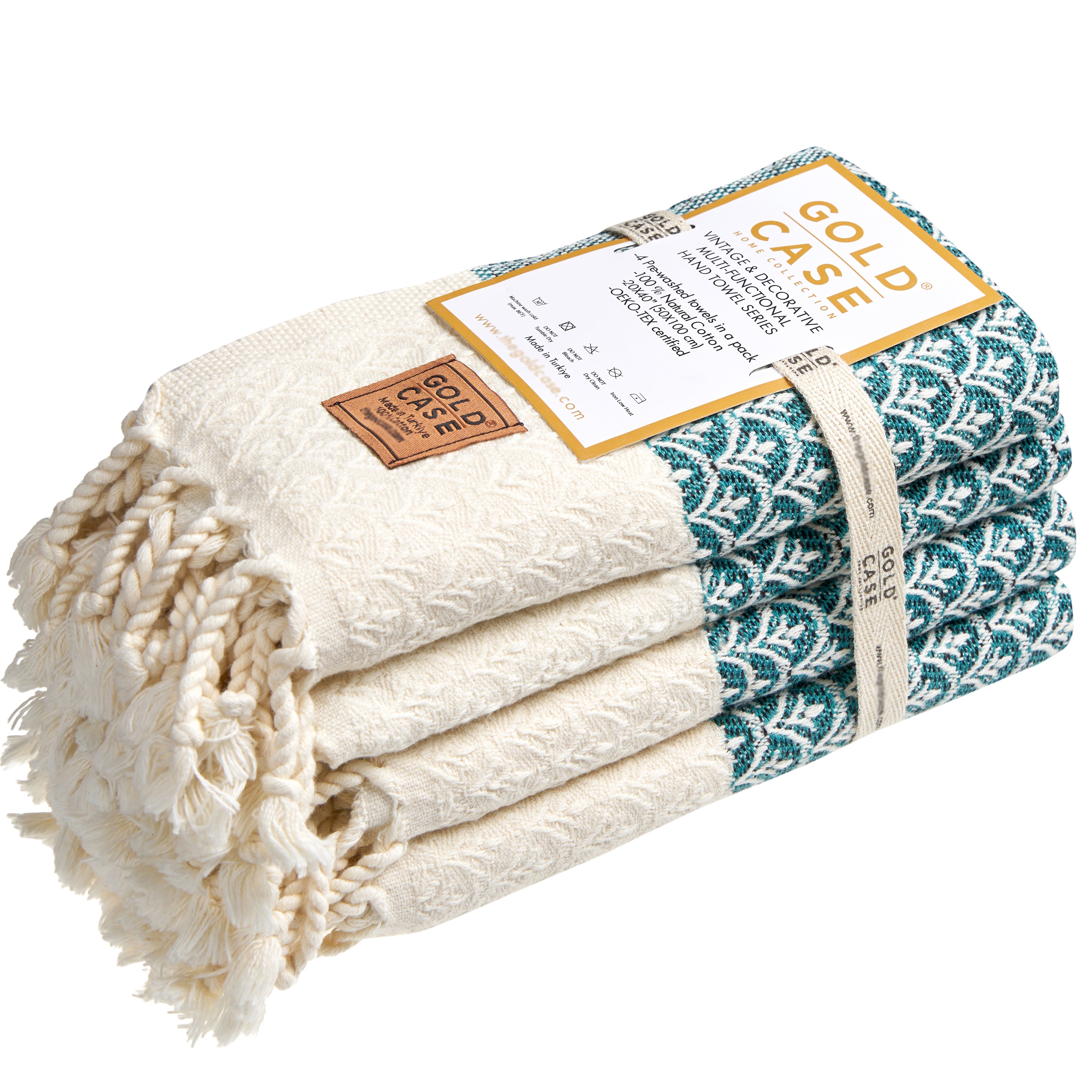 Gold CASE Turkish Hand Towels for Bathroom Set of 4 – 100% Cotton Bathroom Towels – Helen Kitchen Small Towel for Spa, Face, Tea & Dishcloth – Decorative Patterned Weave – Teal