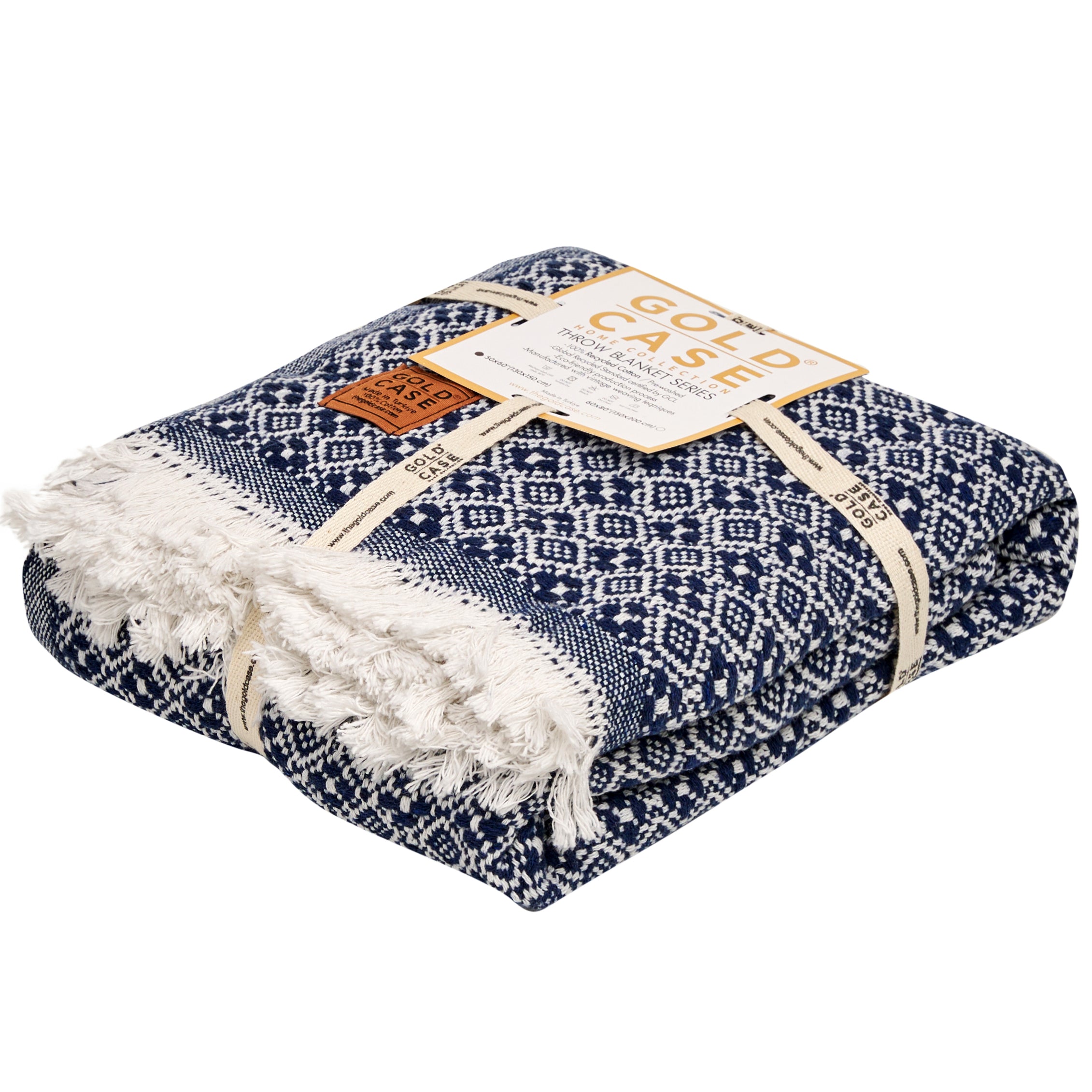 Gold Case Throw Blanket for Couch - 100% Recycled Turkish Cotton Blankets & Throws - Retro Soft Throw Blankets for Living Room - Boho Decorative Woven Couch Blanket - 50x60 - Navy Blue