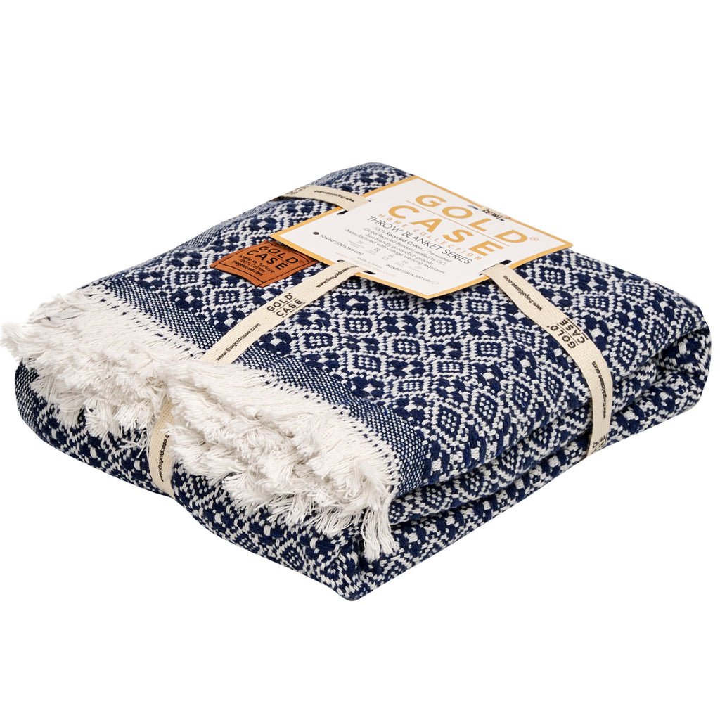 Gold Case Throw Blanket for Couch - 100% Recycled Turkish Cotton Blankets & Throws - Retro Soft Throw Blankets for Living Room - Boho Decorative Woven Couch Blanket - 50x60 - Navy Blue