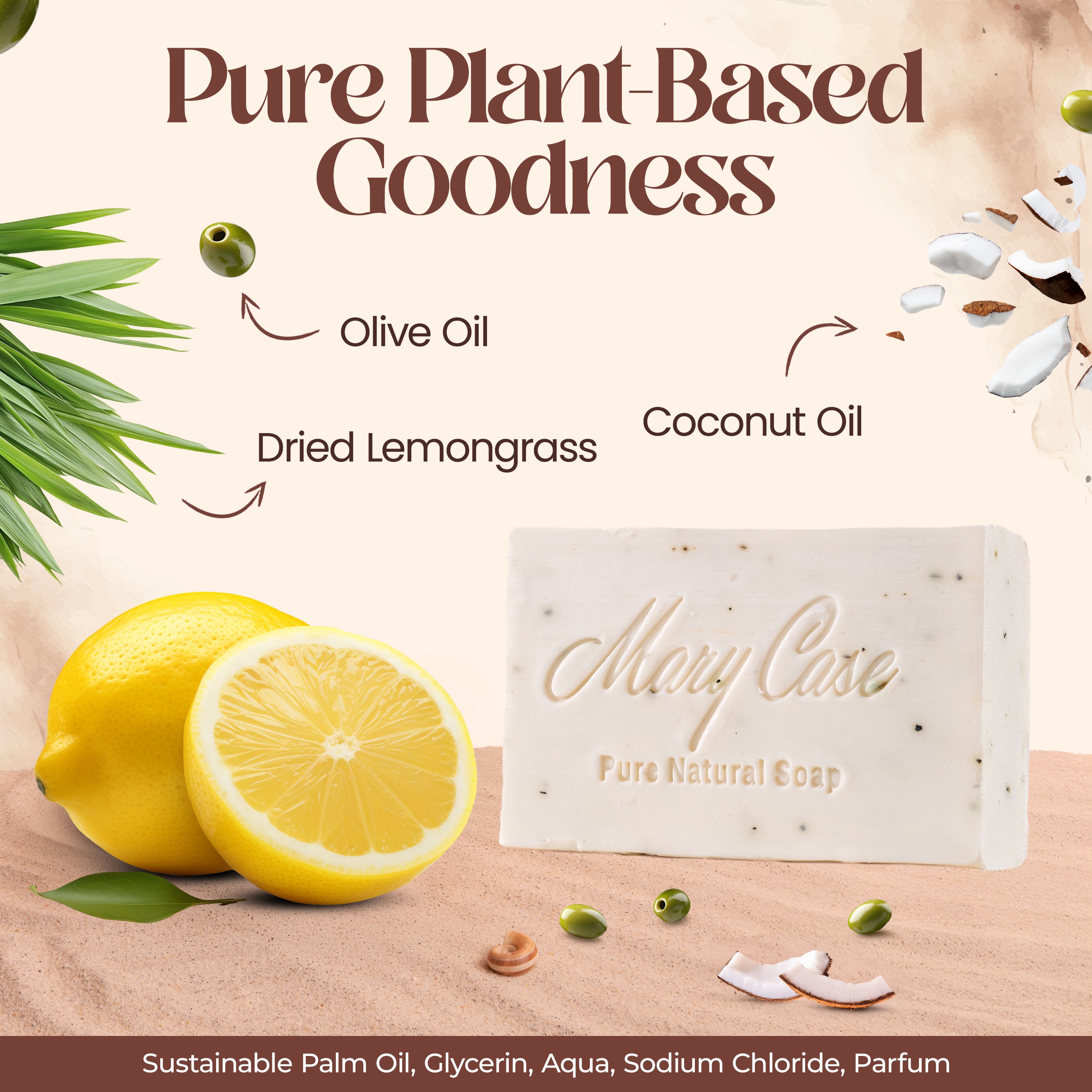 Mary Case All Natural Bar Soaps for Men & Women (Set of 4) - All Vegan - Bath Soap Bar with Olive, Coconut, Essential Oils & Leaves - Vegan Natural Soaps