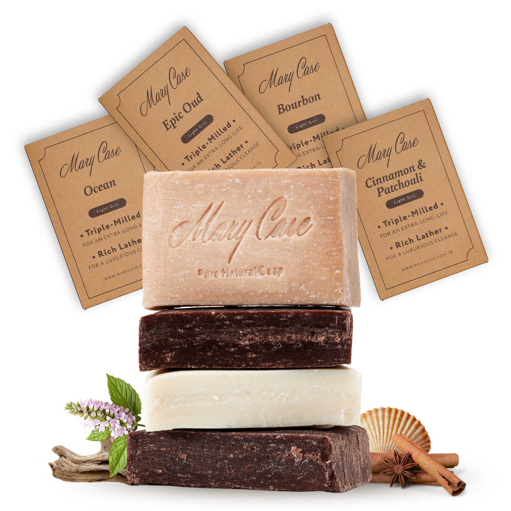 Mary Case All Natural Bar Soaps for Men & Women (Set of 4) - All Vegan - Bath Soap Bar with Olive, Coconut, Essential Oils & Leaves - Vegan Natural Soaps