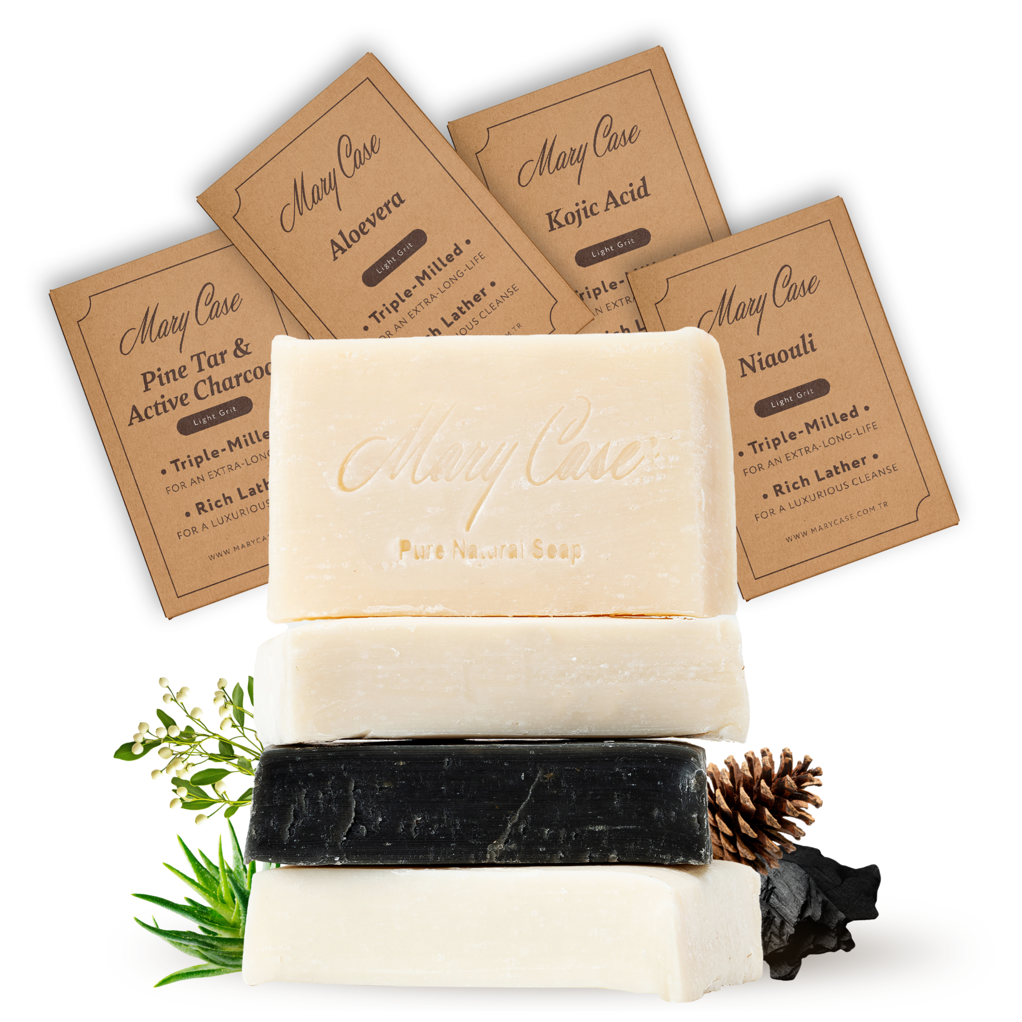 Mary Case All Natural Bar Soaps for Men & Women (Set of 4) - All Vegan - Bath Soap Bar with Olive, Coconut, Essential Oils & Leaves - Vegan Natural Soaps