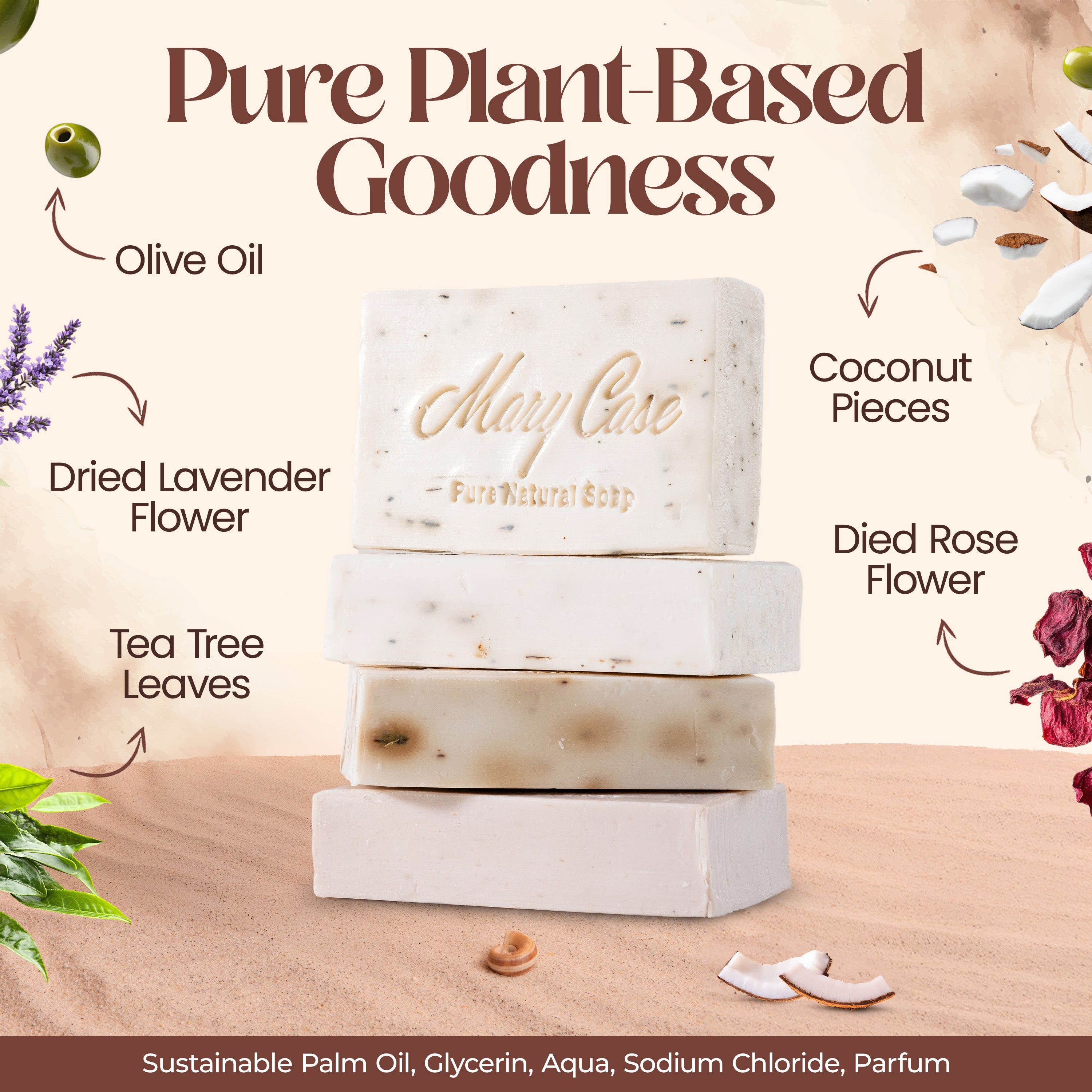 Mary Case All Natural Bar Soaps for Men & Women (Set of 4) - All Vegan - Bath Soap Bar with Olive, Coconut, Essential Oils & Leaves - Vegan Natural Soaps