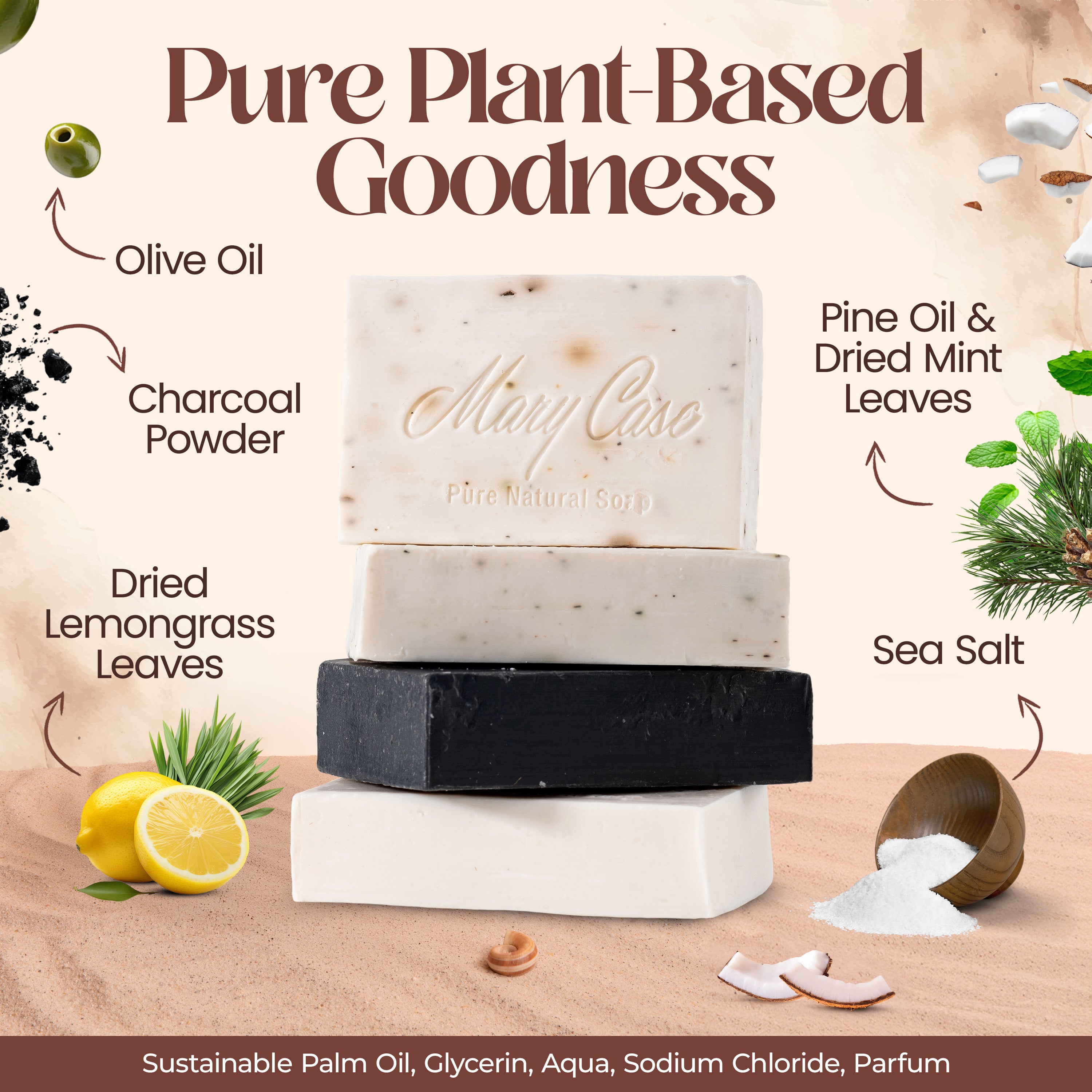 Mary Case All Natural Bar Soaps for Men & Women (Set of 4) - All Vegan - Bath Soap Bar with Olive, Coconut, Essential Oils & Leaves - Vegan Natural Soaps