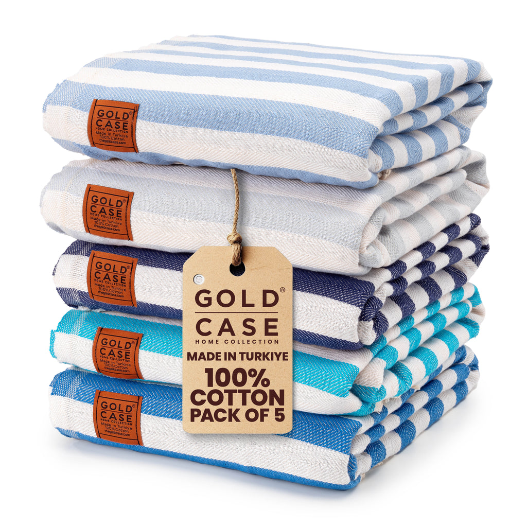 Gold CASE Turkish Beach Towel Set of 5 – 100% Cotton Beach Towels Oversized 70x38'' – MYRA Quick Dry Swim Towel – Lightweight Turkish Towels Set in Blue