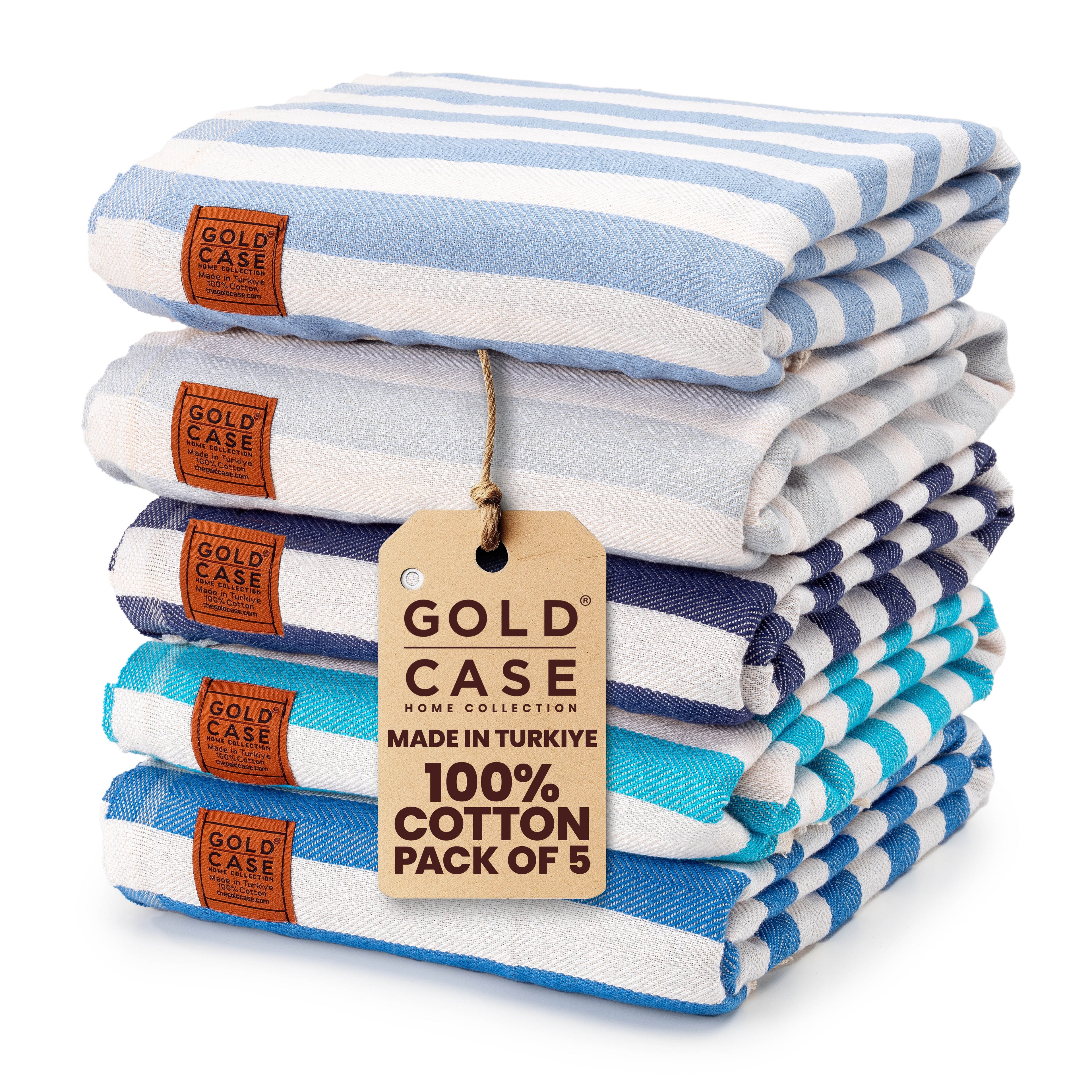 Gold CASE Turkish Beach Towel Set of 5 – 100% Cotton Beach Towels Oversized 70x38'' – MYRA Quick Dry Swim Towel – Lightweight Turkish Towels Set in Blue