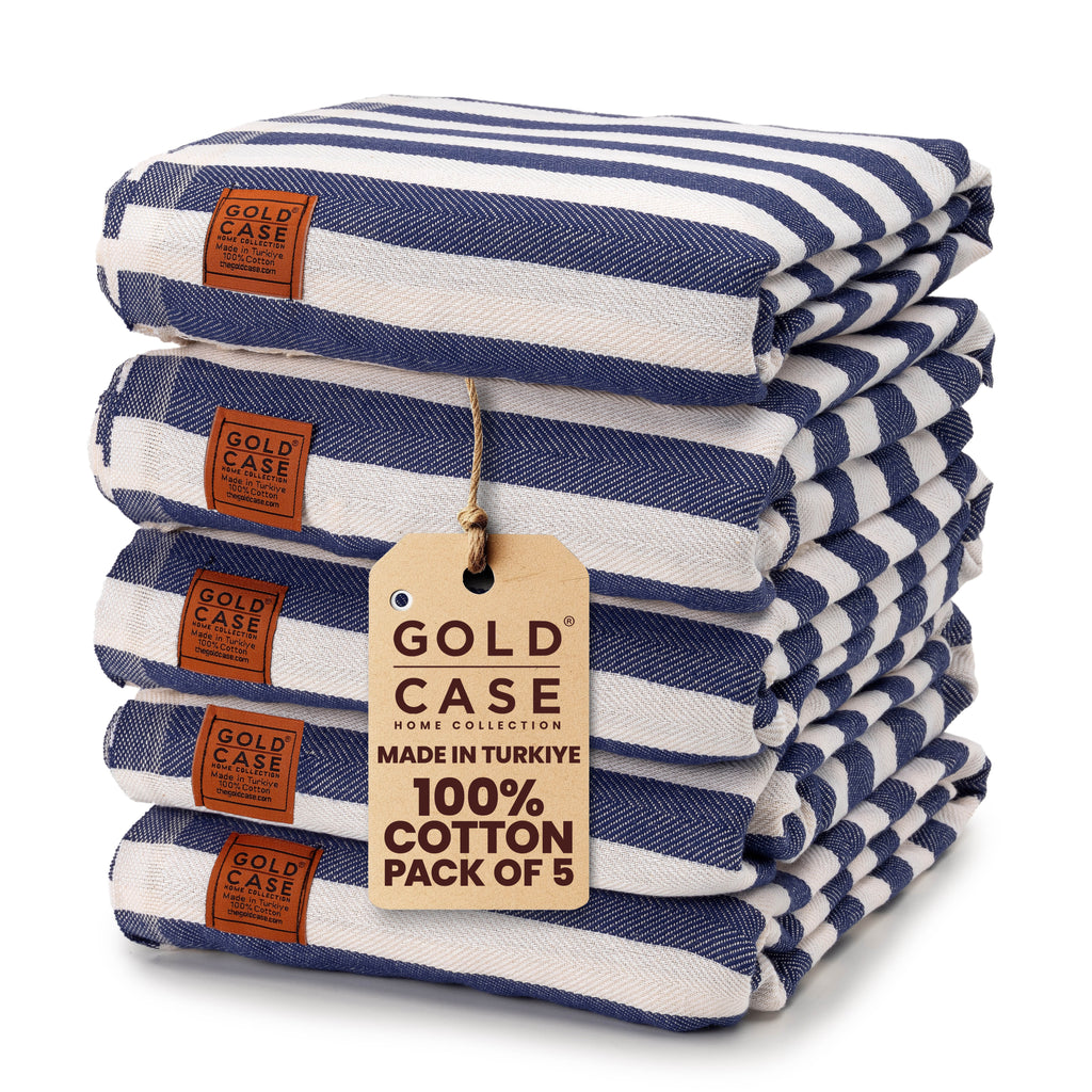 Gold CASE Turkish Beach Towel Set of 5 – 100% Cotton Beach Towels Oversized 70x38'' – MYRA Quick Dry Swim Towel – Lightweight Turkish Towels Set in Navy Blue