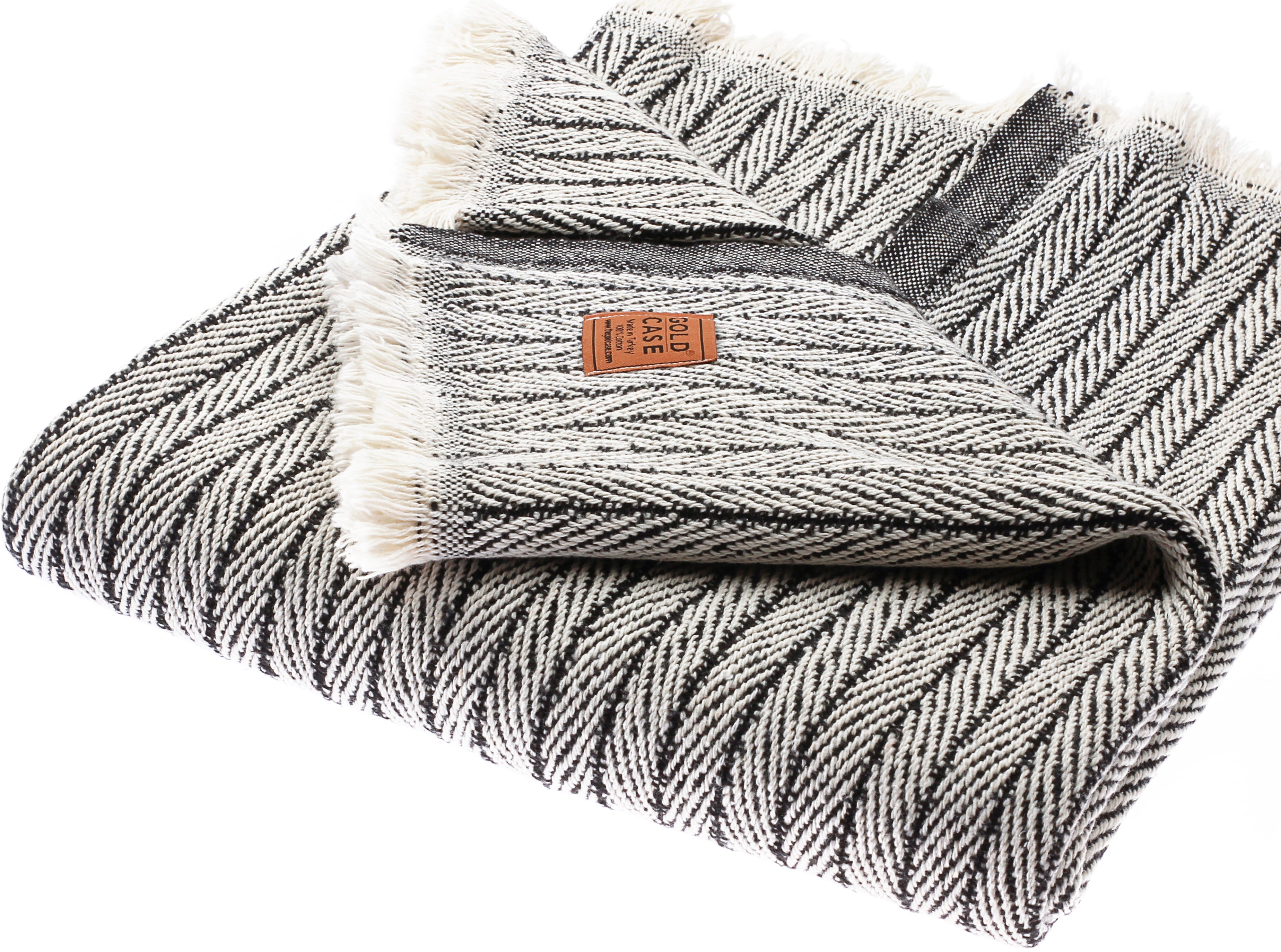 Gold Case Throw Blanket for Couch - 100% Recycled Turkish Cotton Blankets & Throws - Vintage Soft Throw Blankets for Living Room - Boho Decorative Woven Couch Blanket - 50x60 - Black