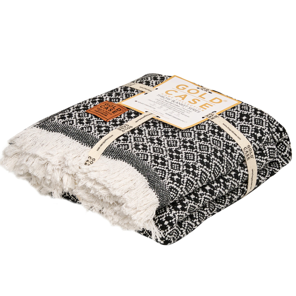 Gold Case Throw Blanket for Couch - 100% Recycled Turkish Cotton Blankets & Throws - Retro Soft Throw Blankets for Living Room - Boho Decorative Woven Couch Blanket - 50x60 - Black