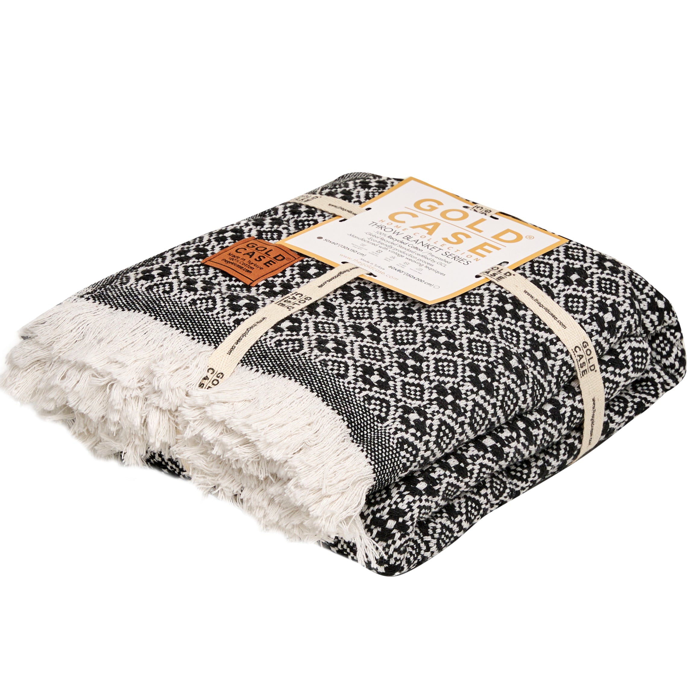 Gold Case Throw Blanket for Couch - 100% Recycled Turkish Cotton Blankets & Throws - Retro Soft Throw Blankets for Living Room - Boho Decorative Woven Couch Blanket - 50x60 - Black