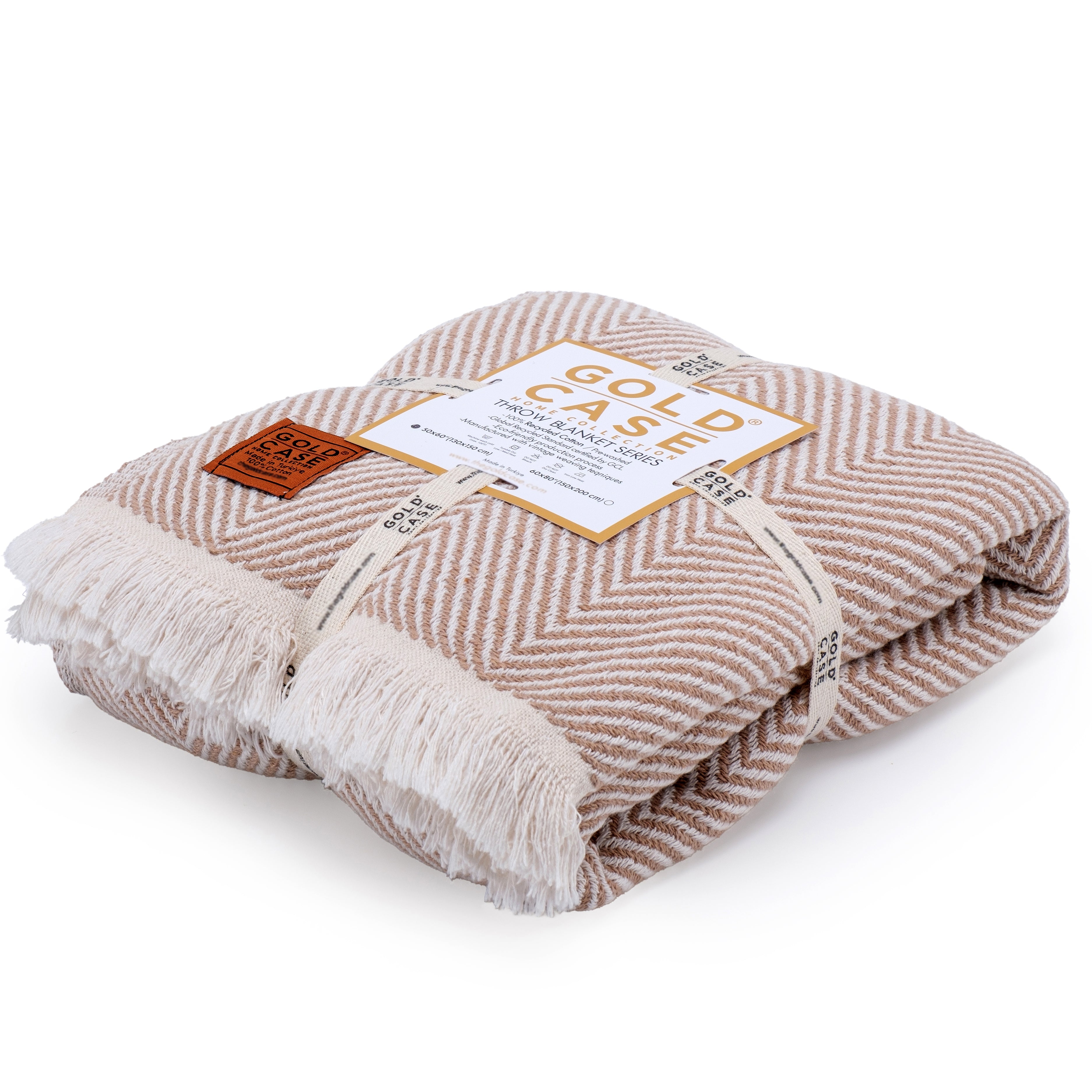Gold Case Throw Blanket for Couch – 100% Recycled Turkish Cotton Blankets & Throws – Elegant Decorative Throw Blankets for Living Room Sofa – Woven Throws for Couch – Elegant Beige – 50x60