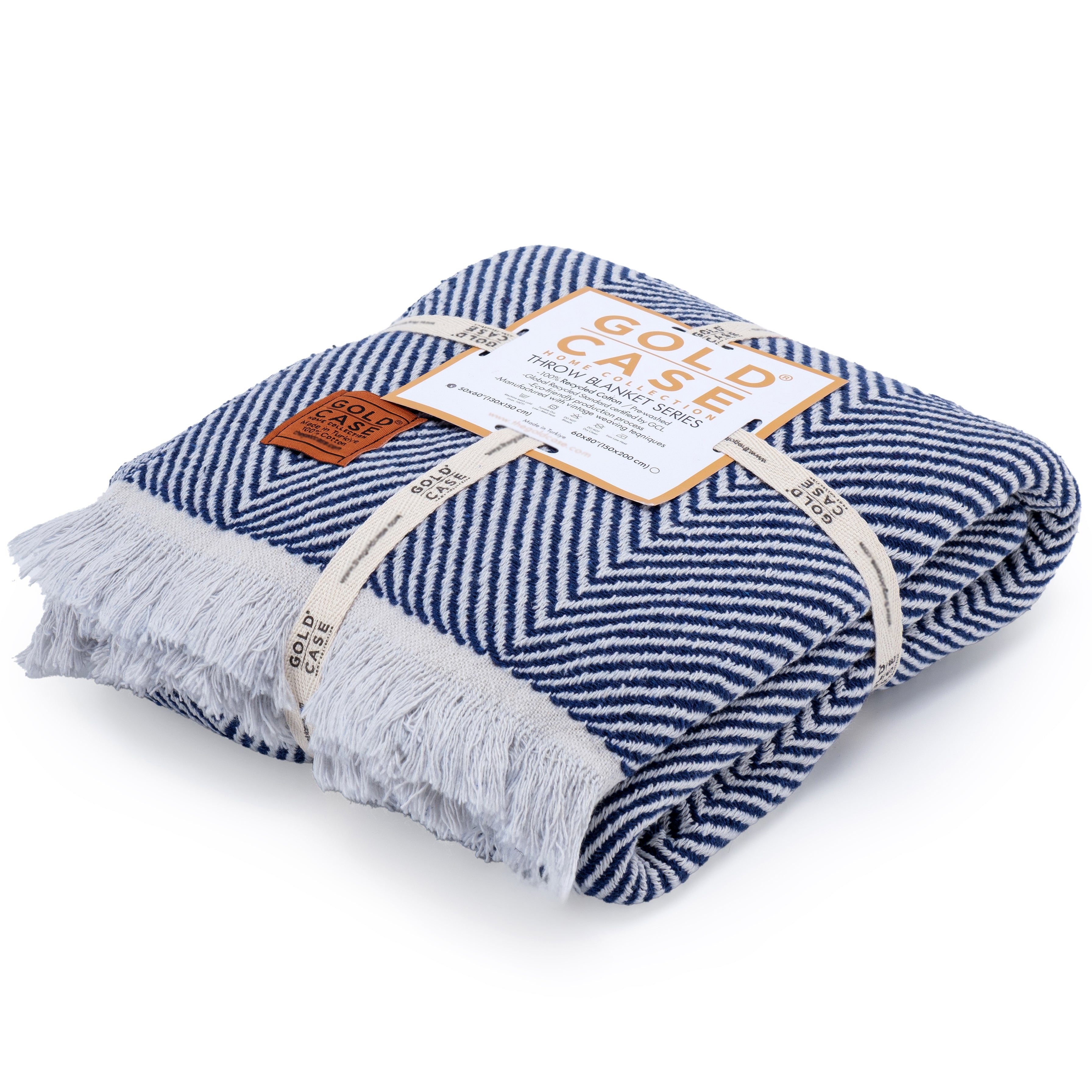 Gold Case Throw Blanket for Couch – 100% Recycled Turkish Cotton Blankets & Throws – Elegant Decorative Throw Blankets for Living Room Sofa – Woven Throws for Couch – Elegant Navy Blue – 50x60