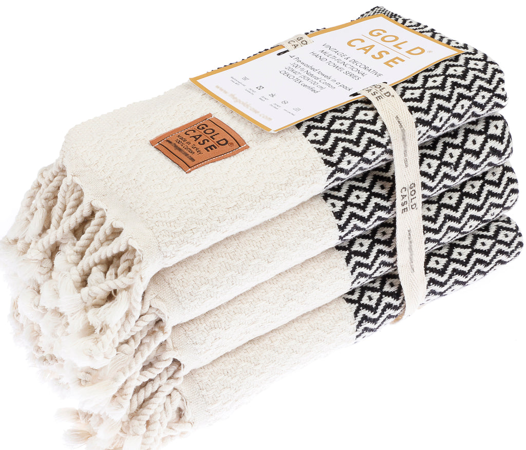 Gold CASE Turkish Hand Towels for Bathroom Set of 4–20x40''–100% Cotton Bathroom Hand Towels – Zeus Towel for Spa, Face, Tea & Dishcloth – Decorative Cloth – Black